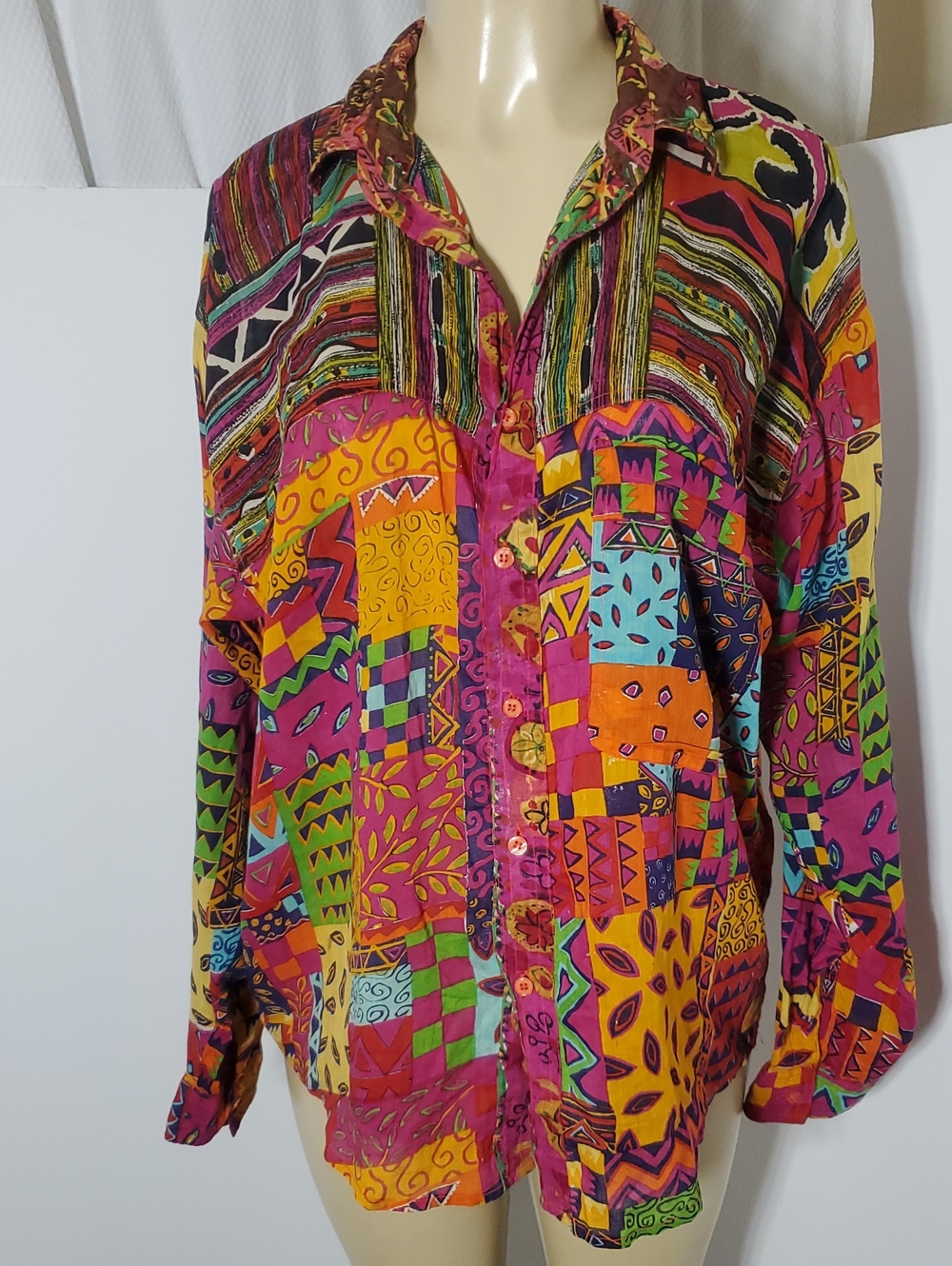 Crime Wave 100% Cotton Vibrant Multicolor Patchwork Button-Up Shirt Size M